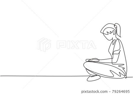 Single one line drawing young female reading, learning and sitting on floor. Study in library. Intelligent student, education concept. Modern continuous line draw design graphic vector illustration Single one line drawing young female reading, learning and sitting on floor. Study in library. Intelligent student, education concept. Modern continuous line draw design graphic vector illustration 79264695