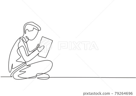 Continuous one line drawing young male reading, learning and sitting on the floor. Study in library. Intelligent student, education concept, fair. Single line draw design vector graphic illustration Continuous one line drawing young male reading, learning and sitting on the floor. Study in library. Intelligent student, education concept, fair. Single line draw design vector graphic illustration 79264696