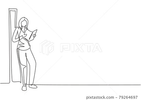 Single continuous line drawing young woman reading, learning and standing on the wall. Study in library. Smart student, education concept. Dynamic one line draw graphic design vector illustration Single continuous line drawing young woman reading, learning and standing on the wall. Study in library. Smart student, education concept. Dynamic one line draw graphic design vector illustration 79264697