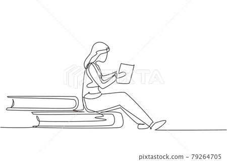 Continuous one line drawing young woman reading, learning and sitting on big books. Study in library. Literature lovers, student, education concept. Single line draw design vector graphic illustration Continuous one line drawing young woman reading, learning and sitting on big books. Study in library. Literature lovers, student, education concept. Single line draw design vector graphic illustration 79264705