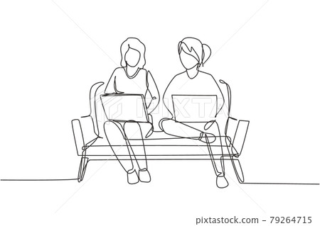 Continuous one line drawing two woman with laptop sitting on the sofa together. Freelance, distance learning, online courses, and studying concept. Single line draw design vector graphic illustration Continuous one line drawing two woman with laptop sitting on the sofa together. Freelance, distance learning, online courses, and studying concept. Single line draw design vector graphic illustration 79264715
