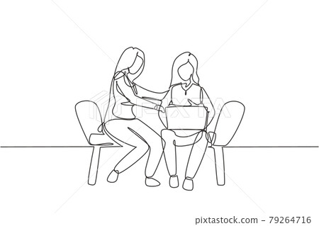 Continuous one line drawing two female with laptop sitting on the chairs together. Freelance, distance learning, online courses, studying concept. Single line draw design vector graphic illustration 79264716