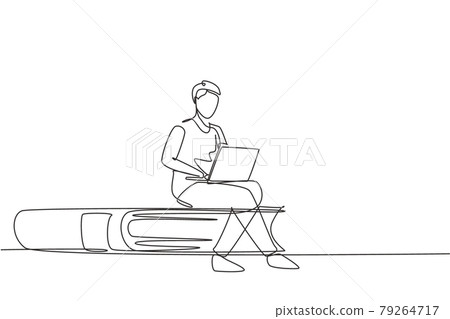 Single continuous line drawing young man studying with laptop and sitting on big book. Back to school, intelligent student, online education concept. One line draw graphic design vector illustration Single continuous line drawing young man studying with laptop and sitting on big book. Back to school, intelligent student, online education concept. One line draw graphic design vector illustration 79264717