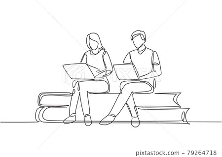 Single one line drawing couple with laptop sitting on pile of books together. Freelance, distance learning, online courses, studying concept. Continuous line draw design graphic vector illustration Single one line drawing couple with laptop sitting on pile of books together. Freelance, distance learning, online courses, studying concept. Continuous line draw design graphic vector illustration 79264718