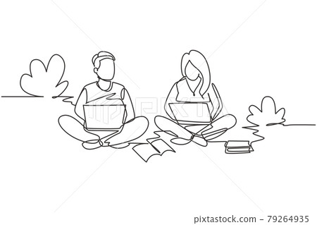 Single one line drawing couple with laptop sitting at the park together. Freelance, distance learning, online courses, studying concept. Modern continuous line draw design graphic vector illustration 79264935