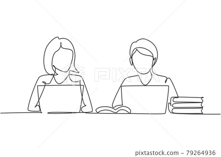 Continuous one line drawing two young woman studying with laptop and pile of books. Back to school, intelligent students, online education concept. Single line draw design vector graphic illustration 79264936