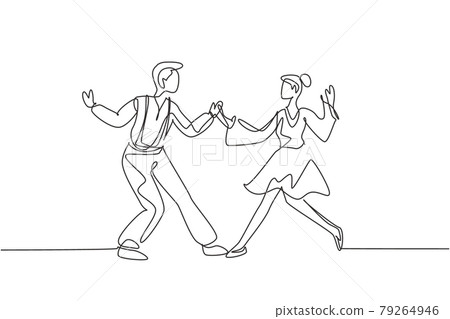 Continuous one line drawing man and woman dancing Lindy hop or Swing together. Male and female characters performing dance at school or party. Single line draw design vector graphic illustration 79264946