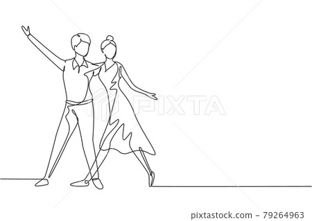 Continuous one line drawing male female professional dancer couple dancing tango, waltz dances together on dancing contest dancefloor. Fun activity. Single line draw design vector graphic illustration Continuous one line drawing male female professional dancer couple dancing tango, waltz dances together on dancing contest dancefloor. Fun activity. Single line draw design vector graphic illustration 79264963