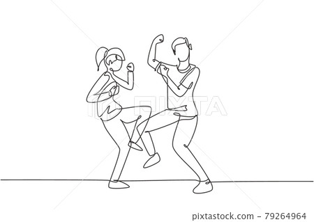 Single one line drawing man woman dancing Lindy hop or Swing together. Male and female characters performing dance at school or party. Modern continuous line draw design graphic vector illustration Single one line drawing man woman dancing Lindy hop or Swing together. Male and female characters performing dance at school or party. Modern continuous line draw design graphic vector illustration 79264964