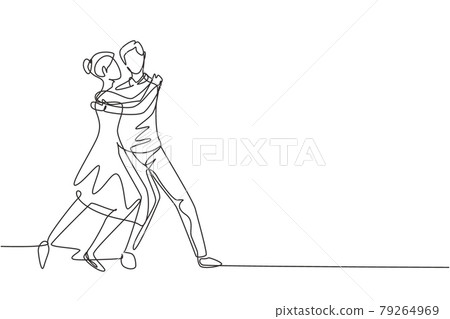 Single continuous line drawing man and woman performing dance at school, studio, party. Male and female characters dancing tango at Milonga. Dynamic one line draw graphic design vector illustration Single continuous line drawing man and woman performing dance at school, studio, party. Male and female characters dancing tango at Milonga. Dynamic one line draw graphic design vector illustration 79264969