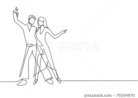Single one line drawing man and woman professional dancer couple dancing tango, waltz dances on dancing contest dancefloor. Night party. Modern continuous line draw design graphic vector illustration 79264970