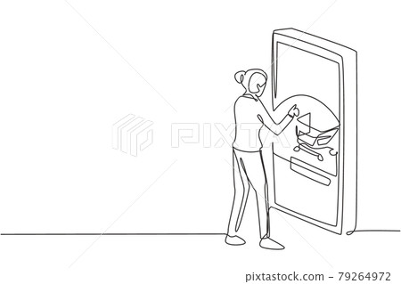 Continuous one line drawing young woman shopping online via giant smartphone screen. Sale, digital lifestyle with internet and gadgets concept. Single line draw design vector graphic illustration Continuous one line drawing young woman shopping online via giant smartphone screen. Sale, digital lifestyle with internet and gadgets concept. Single line draw design vector graphic illustration 79264972