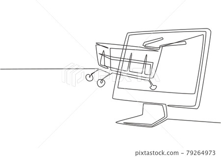 Single one line drawing shopping cart out of monitor screen. Digital lifestyle with internet and gadgets. Sale, consumerism and people concept. Modern continuous line draw design graphic illustration Single one line drawing shopping cart out of monitor screen. Digital lifestyle with internet and gadgets. Sale, consumerism and people concept. Modern continuous line draw design graphic illustration 79264973