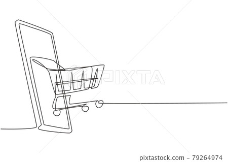 Continuous one line drawing shopping cart out of smartphone. Sale, digital lifestyle, and consumerism concept. E-commerce and digital marketing. Single line draw design vector graphic illustration Continuous one line drawing shopping cart out of smartphone. Sale, digital lifestyle, and consumerism concept. E-commerce and digital marketing. Single line draw design vector graphic illustration 79264974