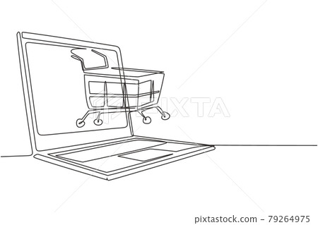 Single continuous line drawing shopping cart out of laptop. Sale, digital lifestyle, consumerism and people concept. E-commerce and digital marketing. One line draw graphic design vector illustration Single continuous line drawing shopping cart out of laptop. Sale, digital lifestyle, consumerism and people concept. E-commerce and digital marketing. One line draw graphic design vector illustration 79264975