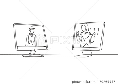Single continuous line drawing two monitors are standing in front of each other, one side contains Arab male student studying and the other contains hijab female teacher teaching. Dynamic one line Single continuous line drawing two monitors are standing in front of each other, one side contains Arab male student studying and the other contains hijab female teacher teaching. Dynamic one line 79265517