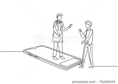 Single continuous line drawing male doctor standing on smartphone, in front of his standing male patient. Online medical services and consultation. One line draw graphic design vector illustration Single continuous line drawing male doctor standing on smartphone, in front of his standing male patient. Online medical services and consultation. One line draw graphic design vector illustration 79266424