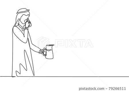 Single one line drawing Arabic man drinking holding glass in right hand and jug in left hand to quench thirst after activity. Enjoy life. Modern continuous line draw design graphic vector illustration 79266511