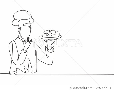 Single one line drawing young happy handsome male chef give tasting good gesture while serving main dish at restaurant. Delicious food taste trendy one line hand drawn vector illustration minimalism 79266604