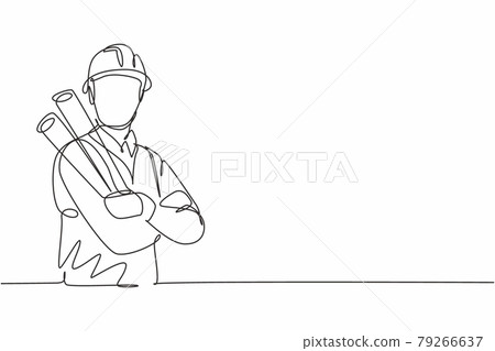 Single one line drawing young male architect cross arm on chest hold blueprint paper. Professional work profession occupation minimal concept. Continuous line draw design graphic vector illustration Single one line drawing young male architect cross arm on chest hold blueprint paper. Professional work profession occupation minimal concept. Continuous line draw design graphic vector illustration 79266637