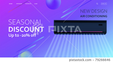 Air conditioner promo web banner with 3d illustration of the black cooling device with wind waves on purple abstract background 79266646