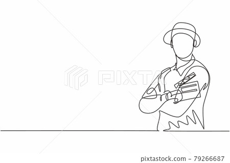 Single one line drawing young male film director cross arm on chest and hold clapping board. Professional profession occupation minimal concept. Continuous line draw design graphic vector illustration Single one line drawing young male film director cross arm on chest and hold clapping board. Professional profession occupation minimal concept. Continuous line draw design graphic vector illustration 79266687