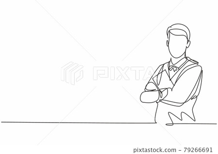 Single continuous line drawing of young male waiter cross arm on chest while holding resto menu. Professional work job occupation. Minimalism concept one line draw graphic design vector illustration 79266691
