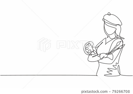 Single one line drawing of young female posing cross arm painter artist hold color palette. Professional work profession occupation concept. Continuous line draw design graphic vector illustration 79266708