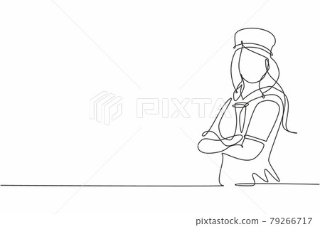 Single one line drawing of young sailor woman with uniform cross arm on chest . Professional work profession and occupation minimal concept. Continuous line draw design graphic vector illustration 79266717