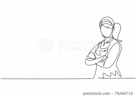 Single one line drawing of young female hotel maid pose cross arms on chest. Professional work profession and occupation minimal concept. Continuous line draw design graphic vector illustration 79266718