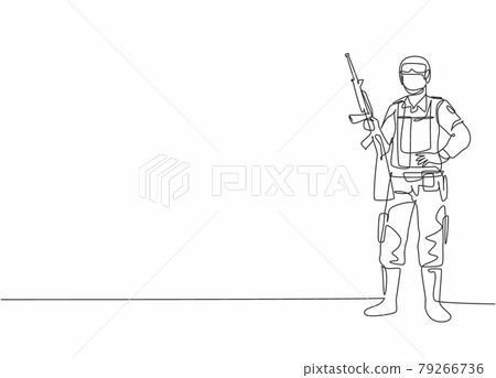 Single continuous line drawing of young male soldier pose standing and holding sniper weapon. Professional work job occupation. Minimalism concept one line draw graphic design vector illustration 79266736