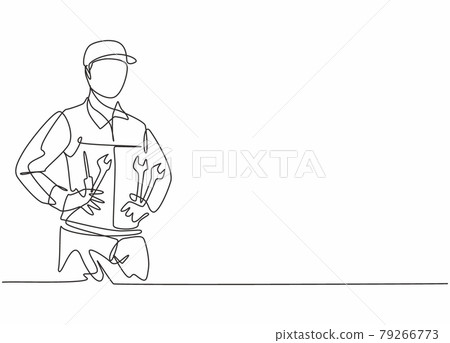 Single continuous line drawing of young man mechanic holding wrench set at car workshop garage. Professional work job occupation. Minimalism concept one line draw graphic design vector illustration Single continuous line drawing of young man mechanic holding wrench set at car workshop garage. Professional work job occupation. Minimalism concept one line draw graphic design vector illustration 79266773