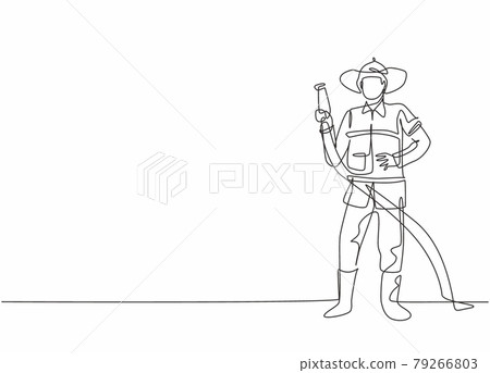 Single one line drawing of young fireman pose standing and holding water nozzle. Professional work profession and occupation minimal concept. Continuous line draw design graphic vector illustration 79266803