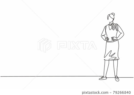 Single one line drawing young female stewardess standing posing with hands on hip. Professional work profession and occupation minimal concept. Continuous line draw design graphic vector illustration 79266840
