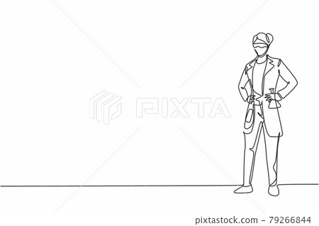 Single continuous line drawing of young female scientist standing and holding hands on hip. Professional work job occupation. Minimalism concept one line draw graphic design vector illustration 79266844