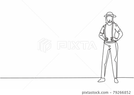 Single continuous line drawing young female mime artist with stripped shirt holding hands on hip. Professional work job occupation. Minimalism concept one line draw graphic design vector illustration Single continuous line drawing young female mime artist with stripped shirt holding hands on hip. Professional work job occupation. Minimalism concept one line draw graphic design vector illustration 79266852