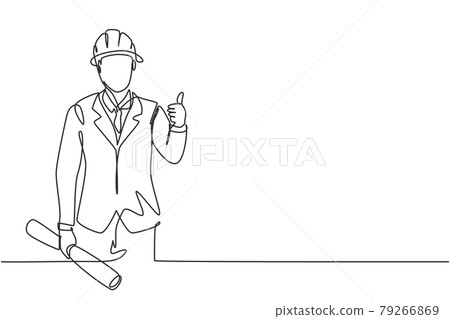 Continuous one line drawing the architect with a gesture of raising his thumb and wearing a helmet carried a building construction drawing paper. Single line draw design vector graphic illustration. Continuous one line drawing the architect with a gesture of raising his thumb and wearing a helmet carried a building construction drawing paper. Single line draw design vector graphic illustration. 79266869