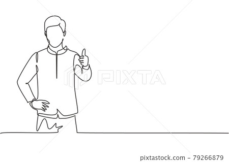 Single one line drawing of hotel doorman in a very neat uniform poses with a thumbs up. Serve guests with a friendly and warm manner. Modern continuous line draw design graphic vector illustration. 79266879