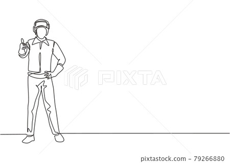 Single continuous line drawing the welder stands with a thumbs-up gesture and the face shield is removed ready to work in his iron workshop. Dynamic one line draw graphic design vector illustration. 79266880
