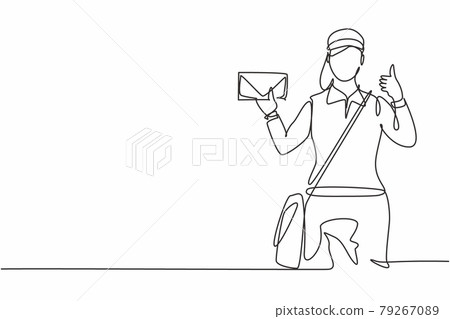 Continuous one line drawing postwoman wearing a hat and uniform with a thumbs-up gesture holds the envelope to work for delivery to homes. Single line draw design vector graphic illustration Continuous one line drawing postwoman wearing a hat and uniform with a thumbs-up gesture holds the envelope to work for delivery to homes. Single line draw design vector graphic illustration 79267089