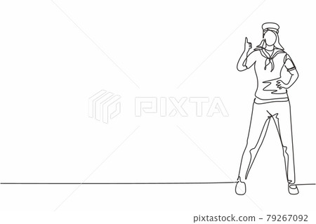 Single one line drawing of sailor woman stands with a thumbs-up gesture to be part of a cruise ship carrying passengers traveling across seas. Continuous line draw design graphic vector illustration Single one line drawing of sailor woman stands with a thumbs-up gesture to be part of a cruise ship carrying passengers traveling across seas. Continuous line draw design graphic vector illustration 79267092