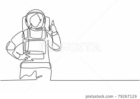 Single one line drawing of female astronauts with a thumbs-up gesture wearing spacesuits to explore space in search the mysteries of universe. Continuous line draw design graphic vector illustration 79267129
