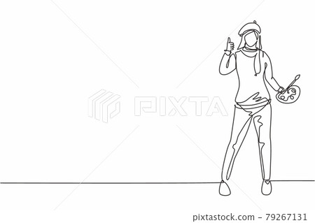 Single continuous line drawing woman painter stands with a thumbs-up gesture using a hat and painting tools to produce artwork in her workshop studio. One line draw graphic design vector illustration 79267131