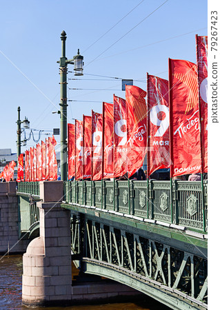 Red flags in honor of Victory Day on the Palace Bridge in St. Petersburg 79267423