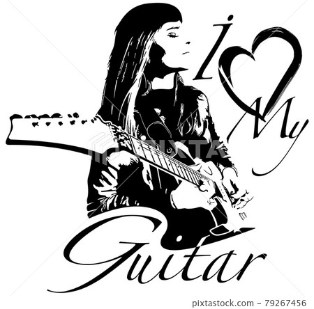 Black and White Sketch of Guitarist Woman Black and White Sketch of Guitarist Woman 79267456