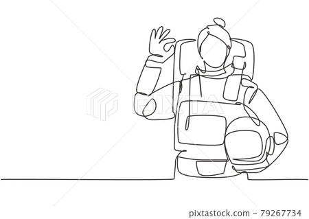 Continuous one line drawing female astronaut with gesture okay wearing spacesuits to explore outer space in search mysteries of universe. Great job. Single line draw design vector graphic illustration 79267734
