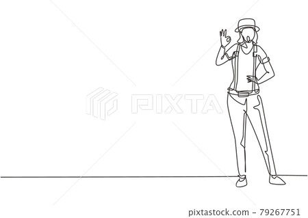 Continuous one line drawing female mime artist stands with gesture okay and white face make-up makes audience laugh with silent comedy. Great show. Single line draw design vector graphic illustration Continuous one line drawing female mime artist stands with gesture okay and white face make-up makes audience laugh with silent comedy. Great show. Single line draw design vector graphic illustration 79267751