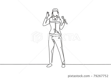 Single continuous line drawing female mechanic stands up with gesture okay and holding wrench to perform maintenance on vehicle engine. Success work. One line draw graphic design vector illustration 79267752