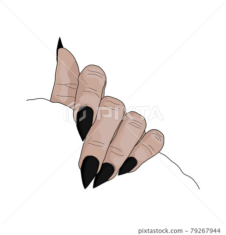 Hand drawn colorful hand with black long stiletto shape nails Hand drawn colorful hand with black long stiletto shape nails 79267944
