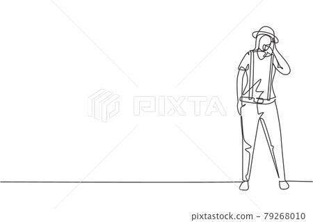 Single continuous line drawing female mime artist stands with call me gesture and white face make-up makes audience laugh with silent comedy. Dynamic one line draw graphic design vector illustration Single continuous line drawing female mime artist stands with call me gesture and white face make-up makes audience laugh with silent comedy. Dynamic one line draw graphic design vector illustration 79268010